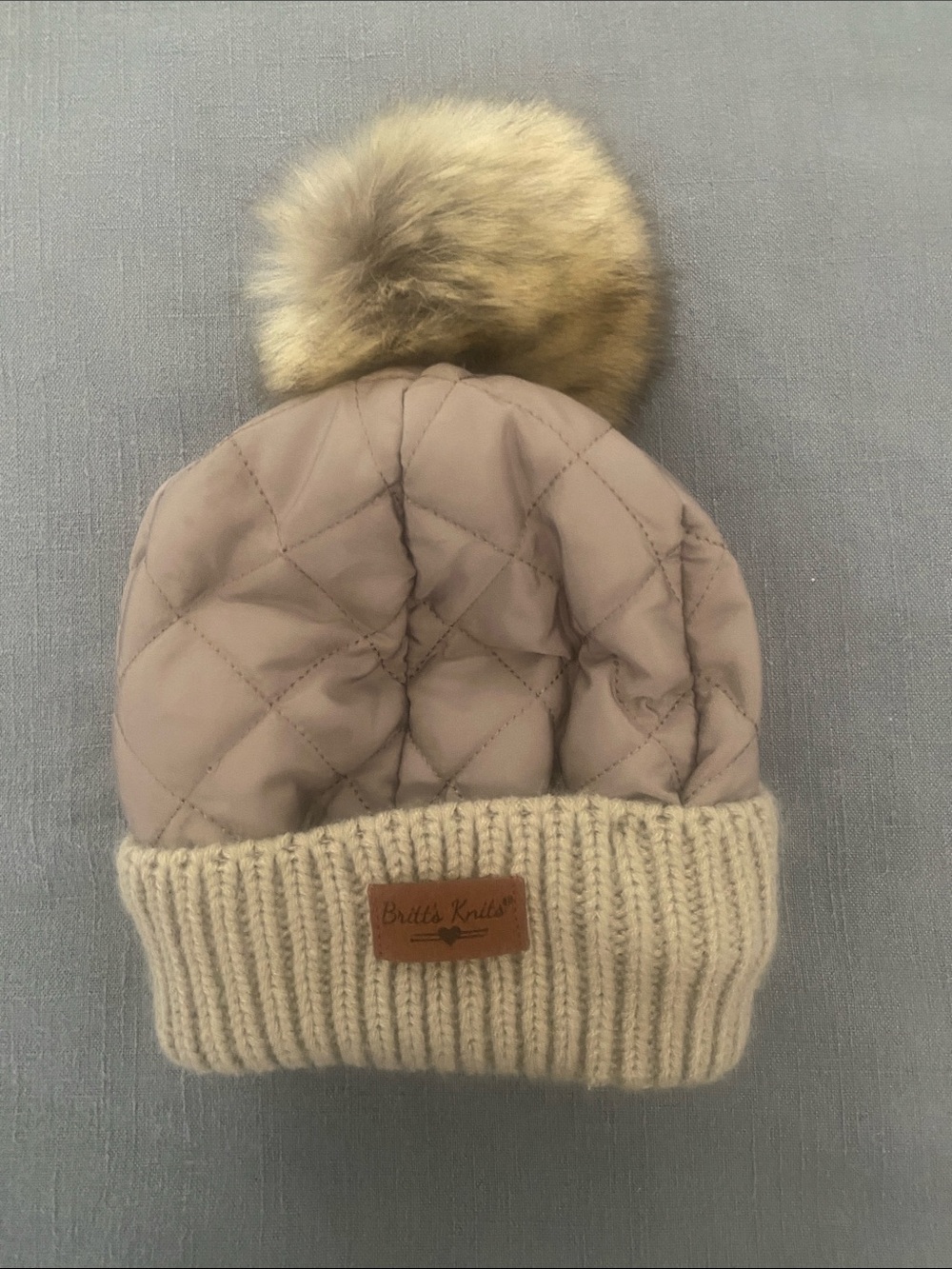 Brielle Knits Quilted Taupe & Cream Pom Beanie